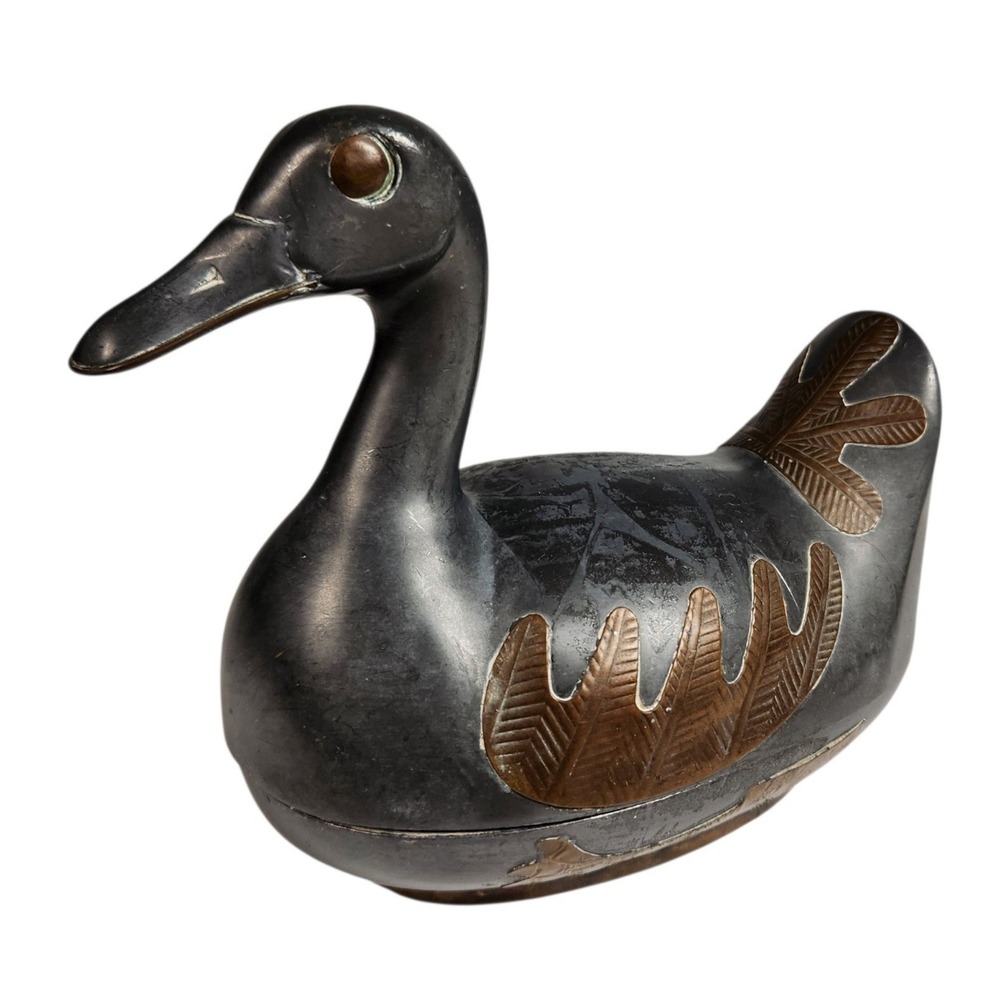 Vintage Pewter & Brass Duck Trinket Box Lidded Container Hong Kong MCM
